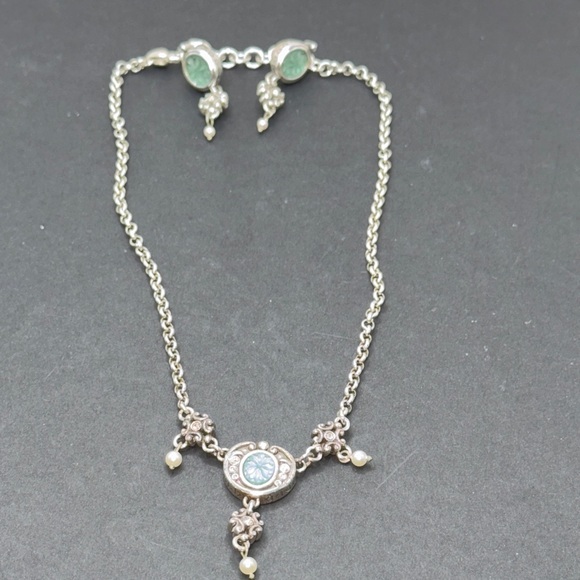 Brighton Signed Mystique Teal Floral Crystals Faux Pearls Necklace W/Earrings - Picture 8 of 9